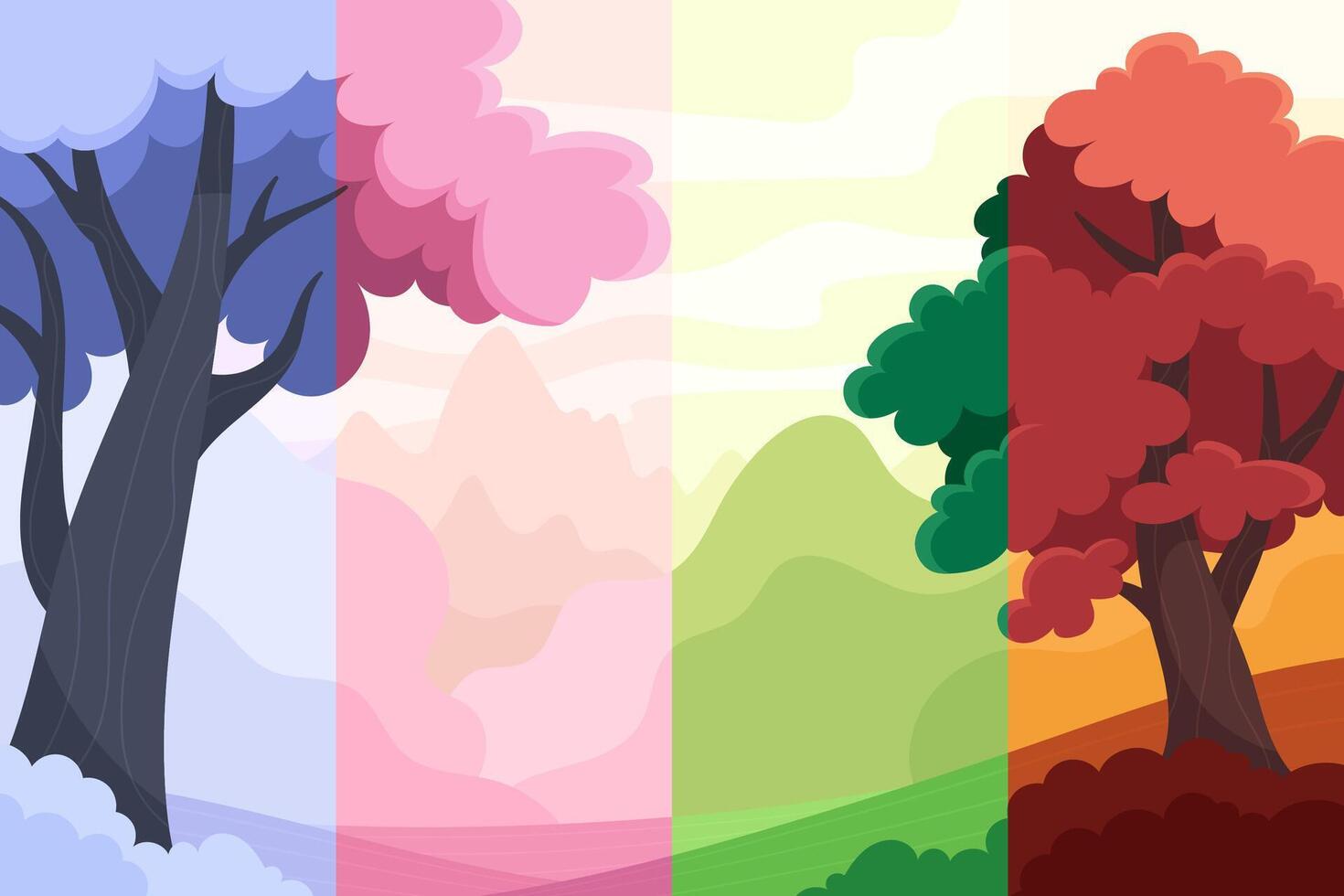 Beautiful all seasons landscape in cartoon flat style. Mountains, fields and hills top view vector