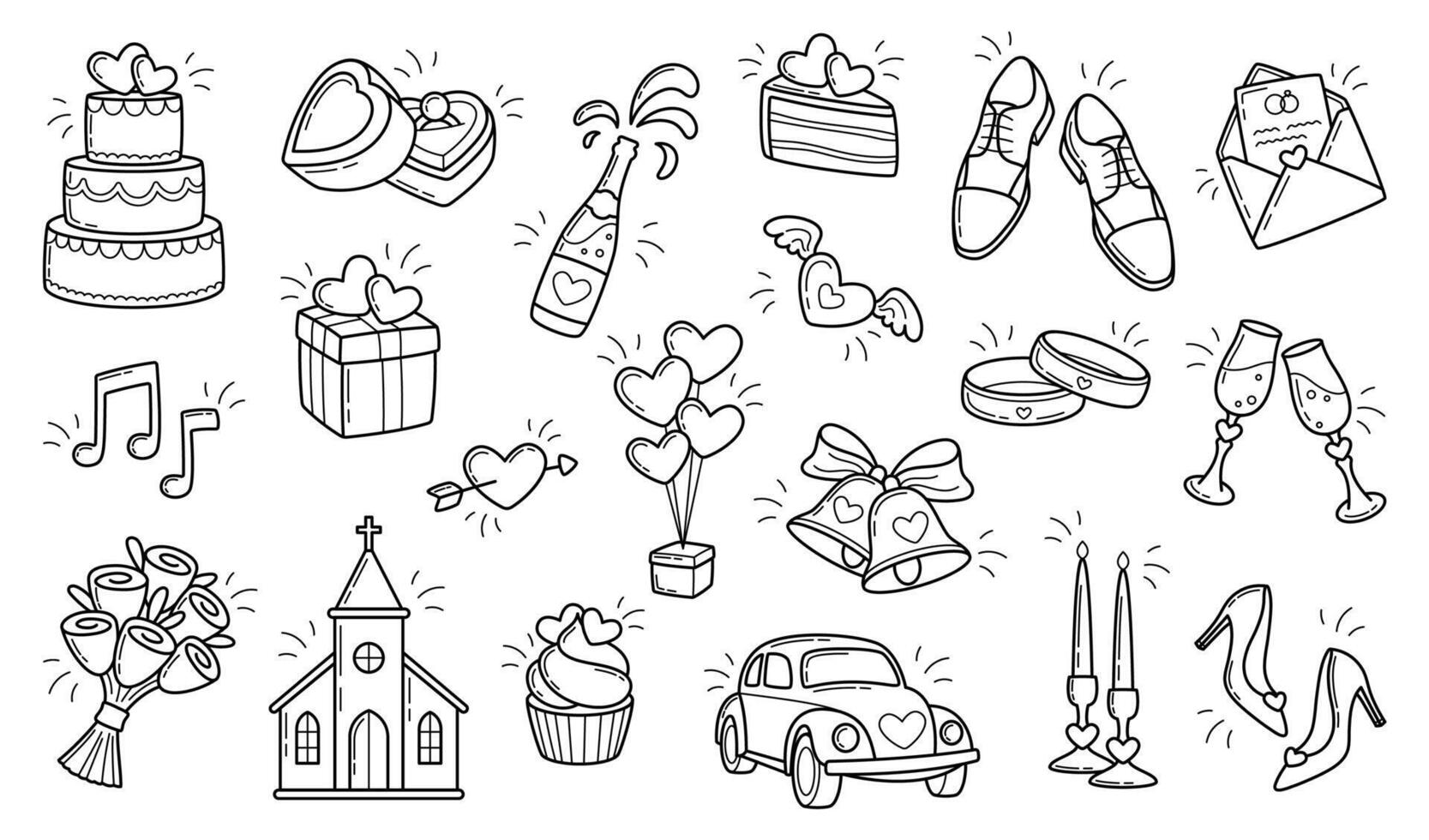 Collection of wedding items. Simple linear hand drawn doodle illustrations vector