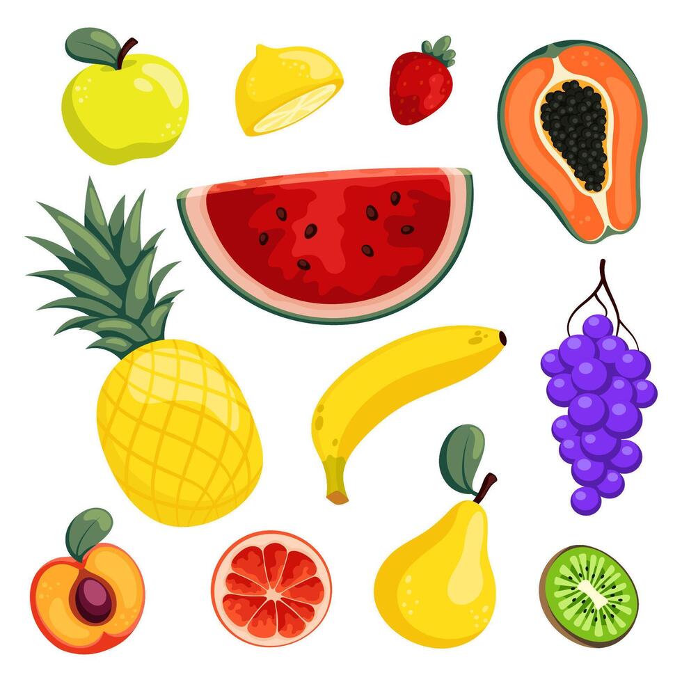 Set of different fruits and berries. Bright cartoon flat cliparts for summer design vector