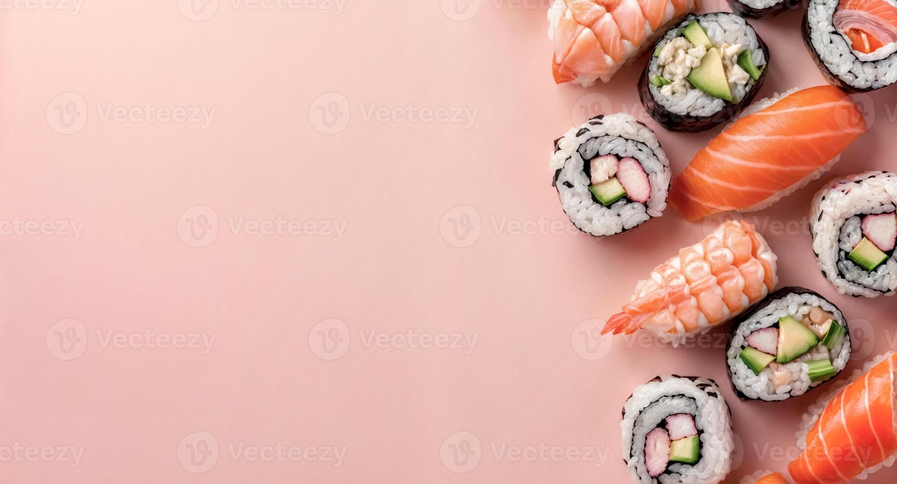 Fresh sushi and maki rolls on pink background. Top view, flatlay. Minimalistic banner template photo