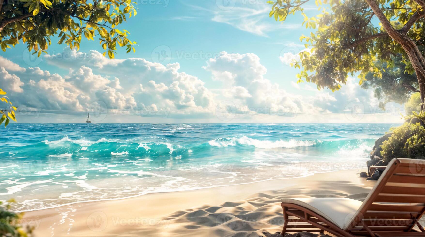 Paradise beach scene with deck chair, tropical tree, azure ocean and sunny sky with clouds photo