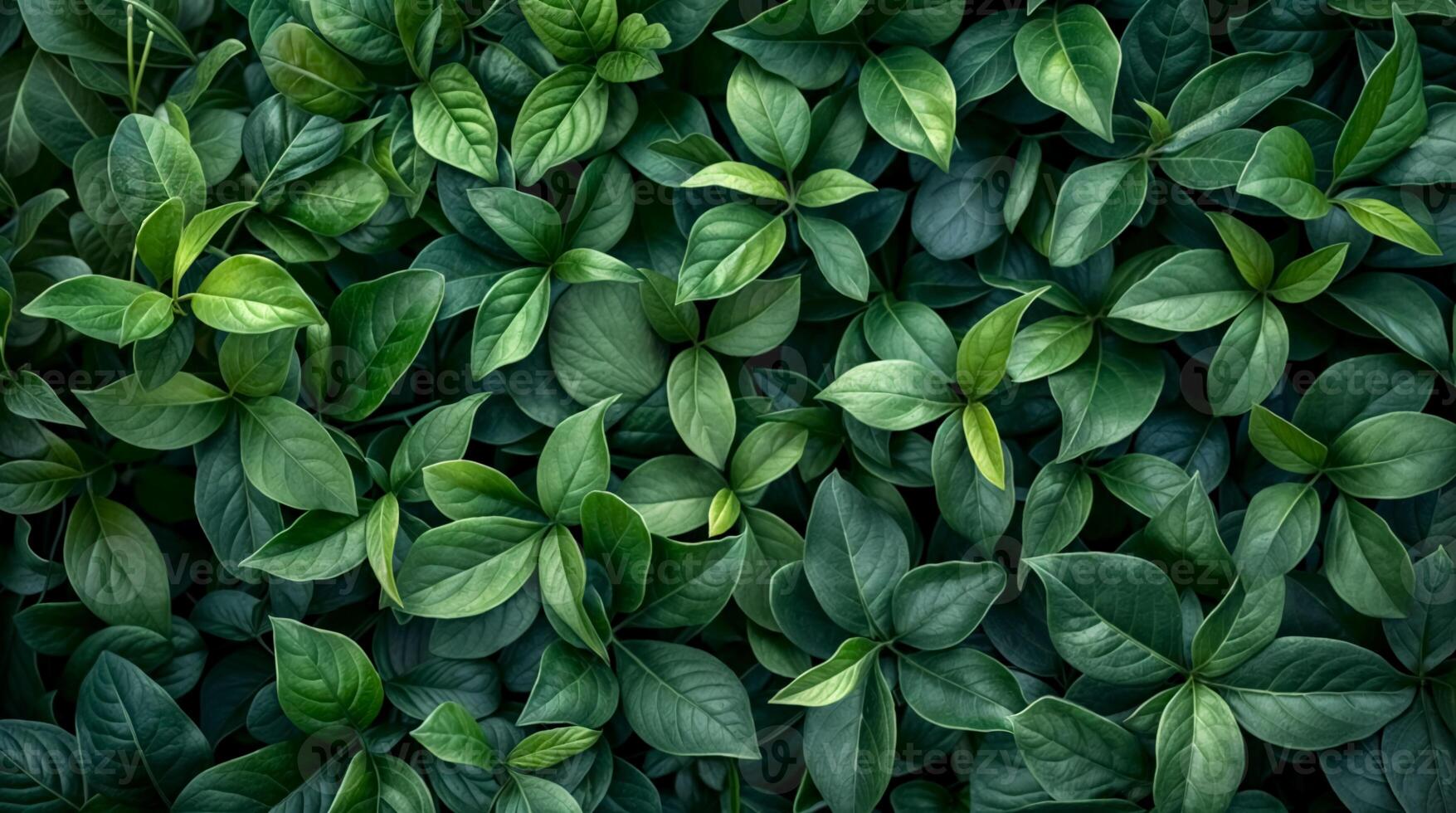 Close-up green leaves texture. Flat lay. Dark abstract nature background. Tropical leaves. Periwinkle vinca. Myrtle leaves, Vinca minor photo