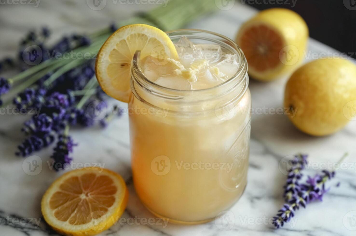 Fresh lemonade in glass jar with lemon slice. Sliced and whole lemons and lavender flowers. Summer cocktails and drinks photo
