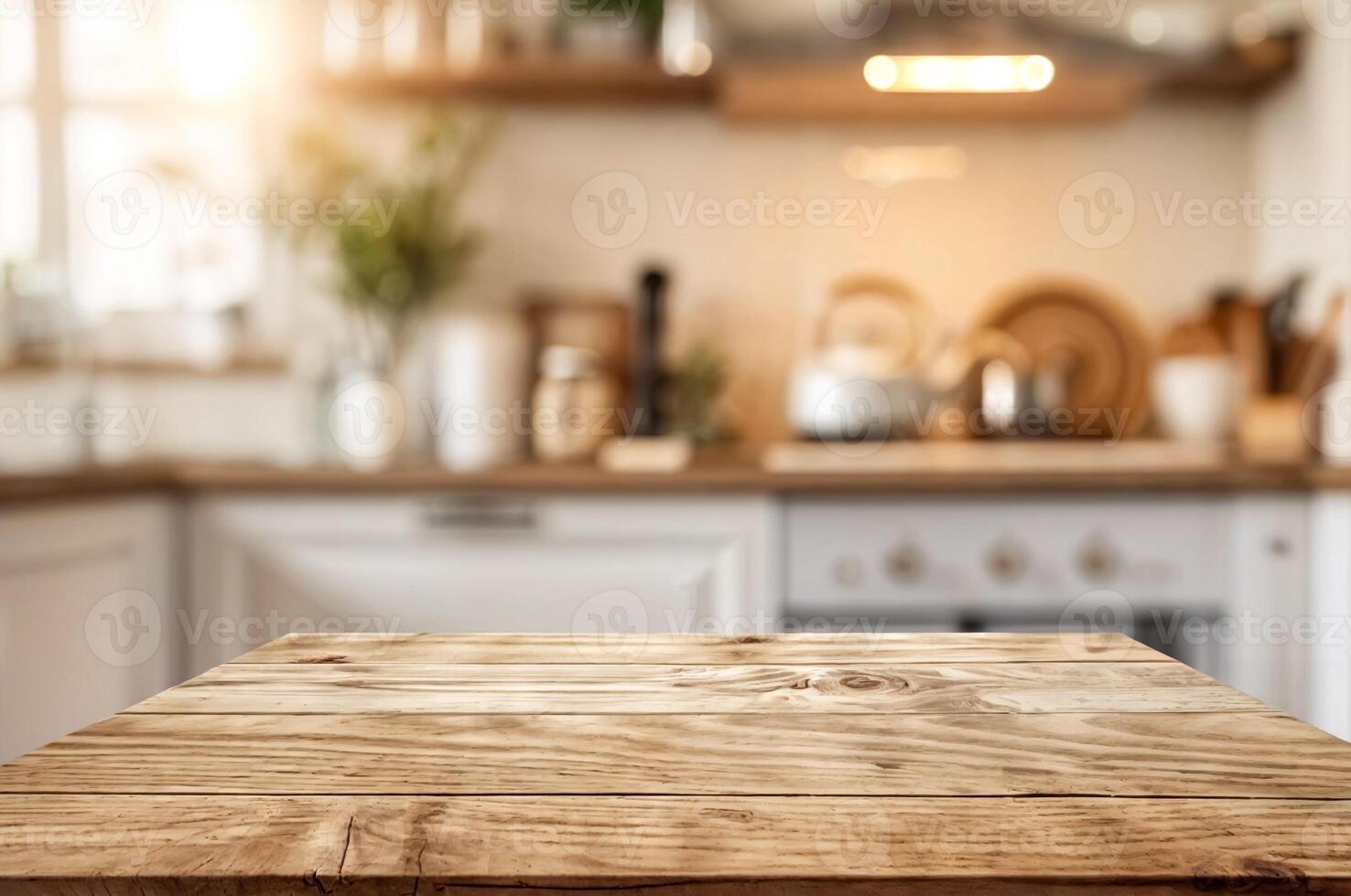 Empty wooden table in white, blurry kitchen interior for product display montage photo