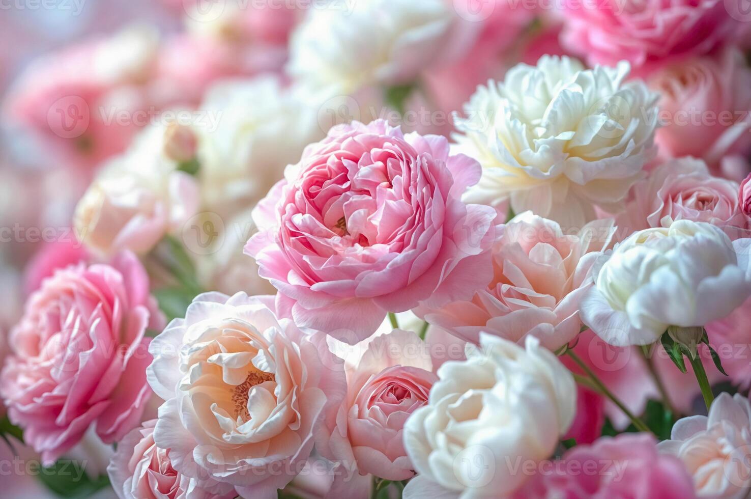 Pink and white peony and roses on blurred background. Close up floral festive backdrop photo