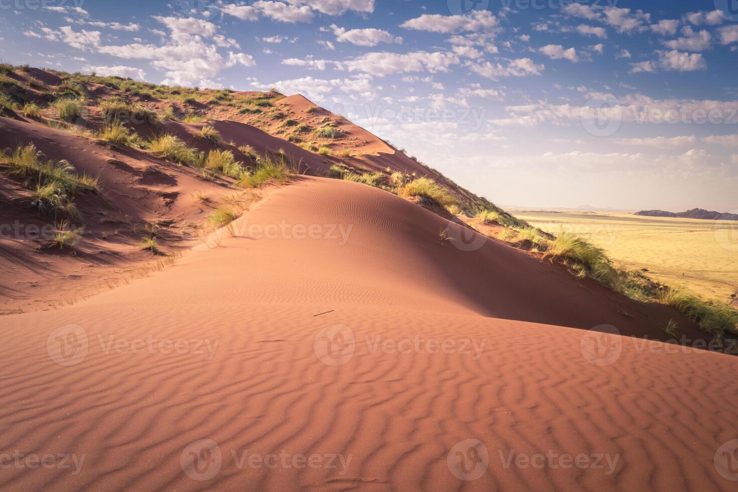 Sand dunes of Namibia, showing waves in the dry and arid sand, on a clouded blue sky photo