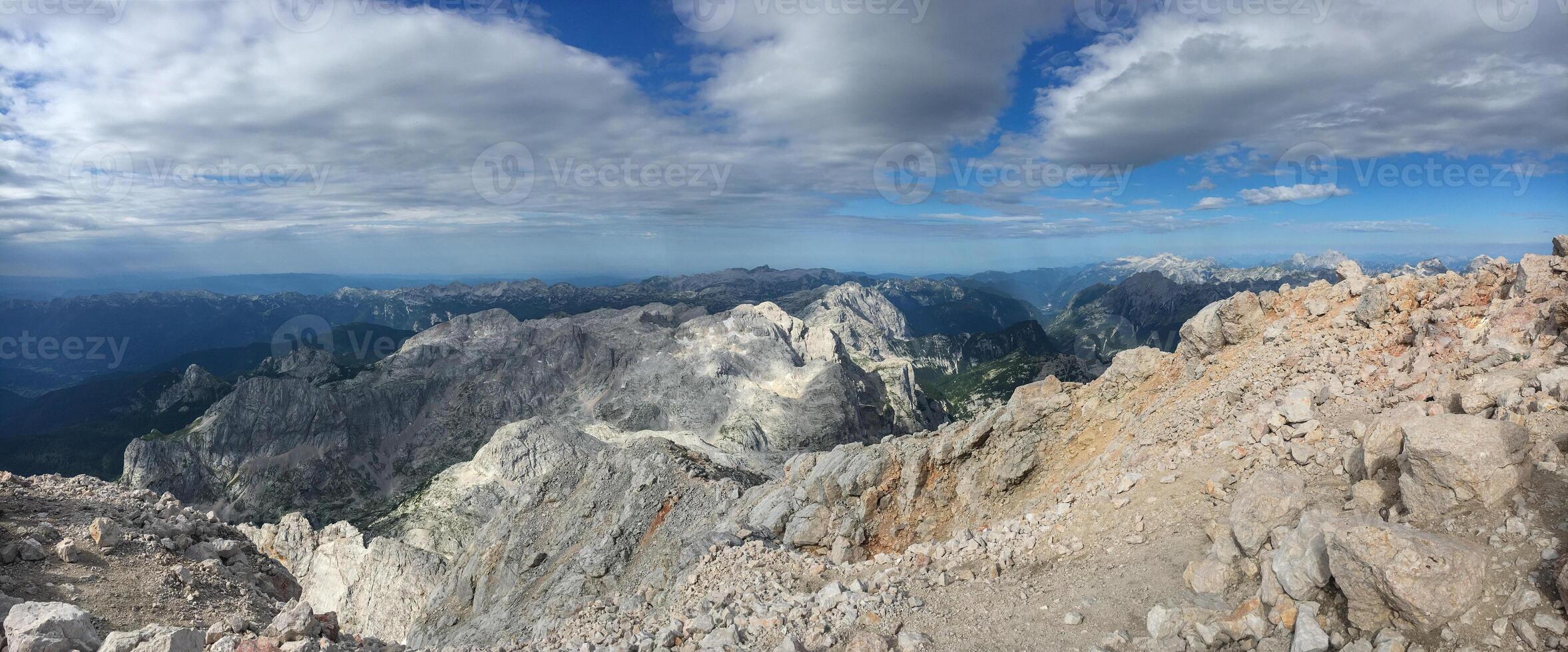 Triglav summit panorama view on surrounding mountain range of Triglav National Park in Slovenia photo