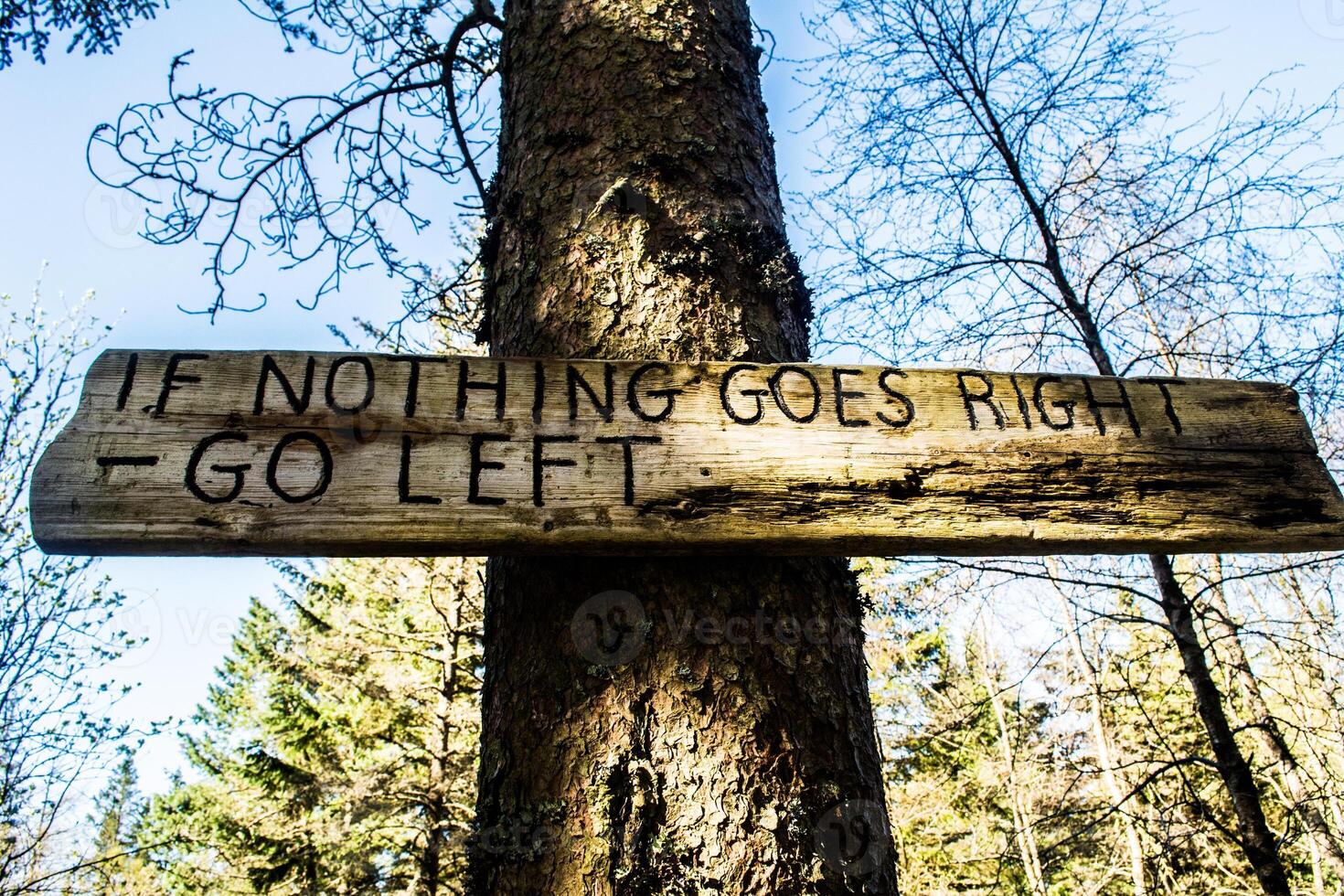 If nothing goes right, then go left wooden sign in the forest attached to a tree. photo