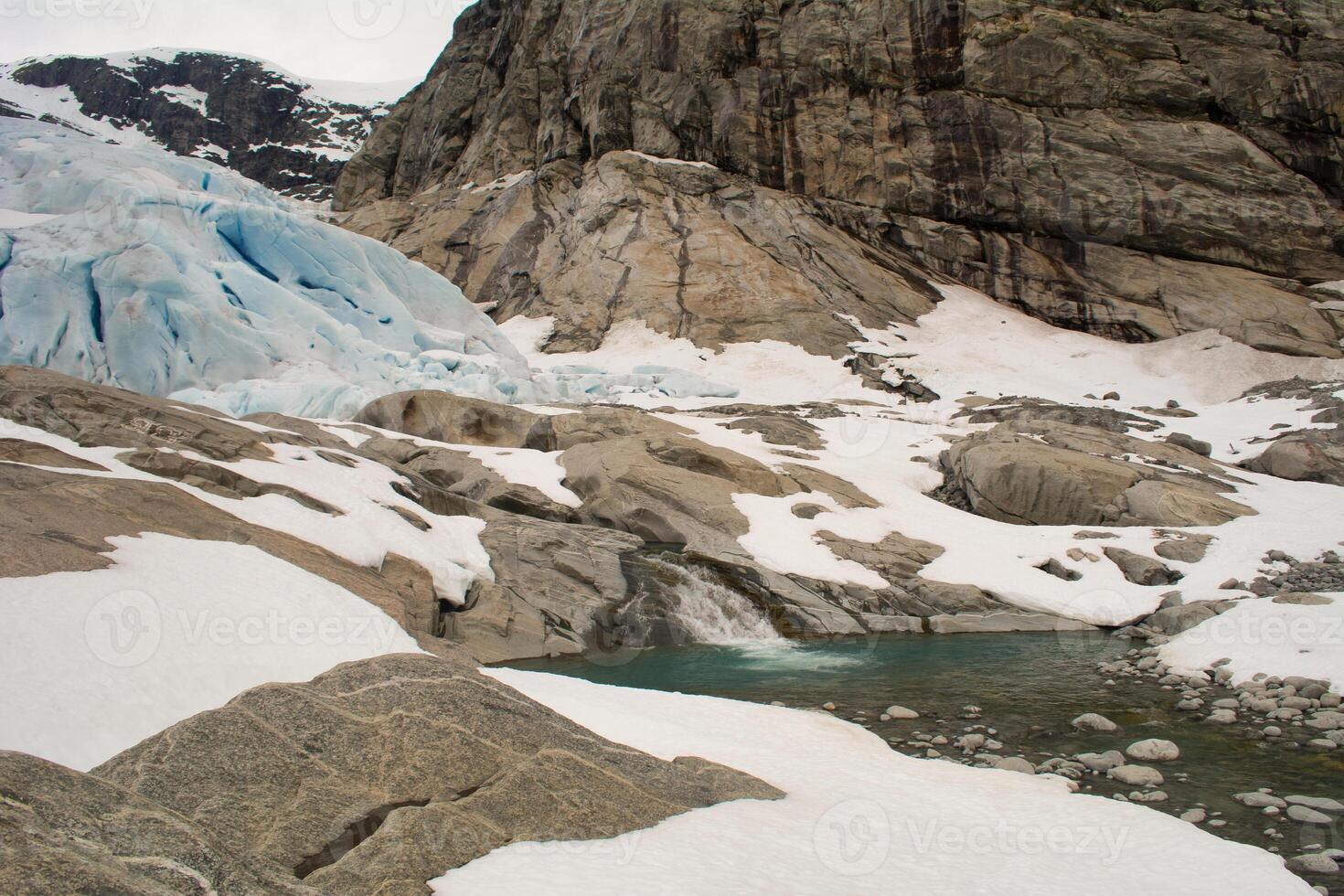 Glacier landscape with ice and rocks in Norway, illustrating retreating ice due to climate change. photo
