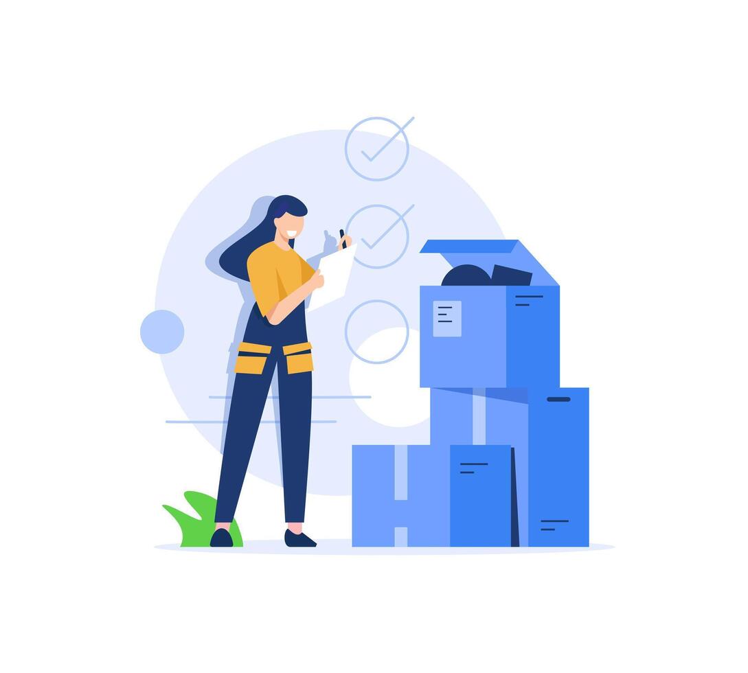 Checking boxes. Warehouse workers preparing products for shipment. The work of the packaging department for the preparation of shipments vector