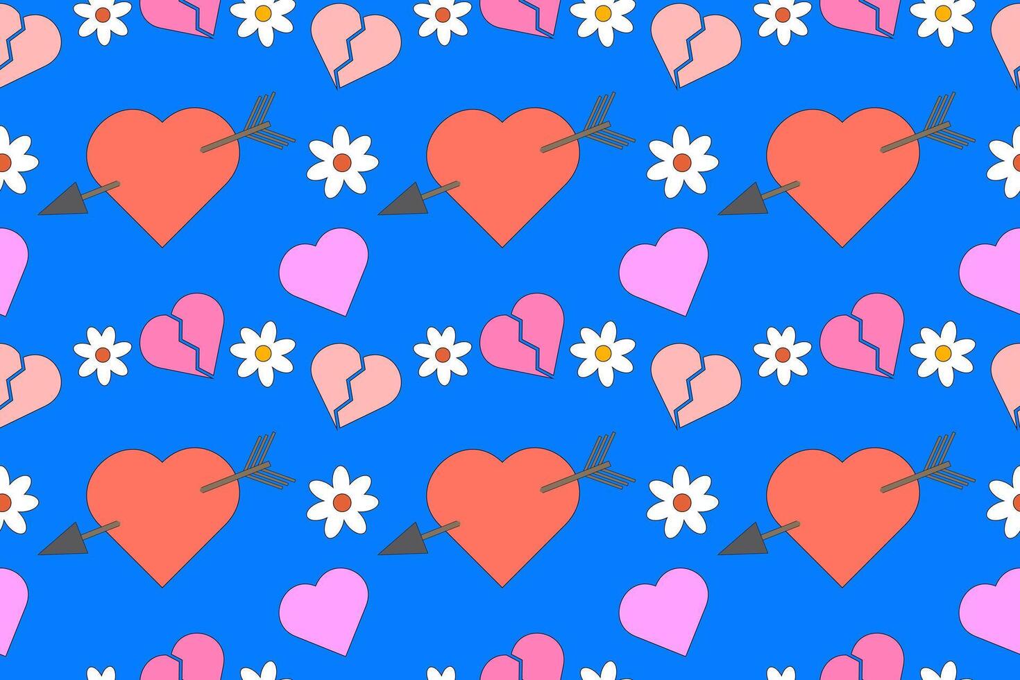 Bright seamless pattern with hearts and flowers in Memphis retro style. Ideal for Valentines Day, wedding invitations, festive decorations, and more. vector
