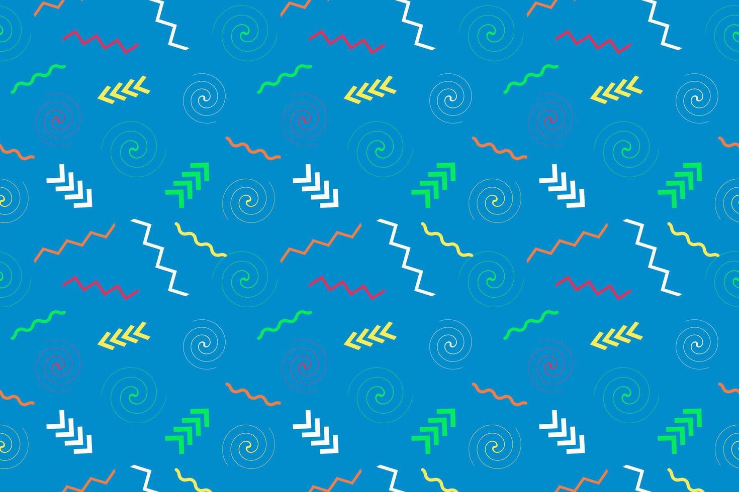 Colorful seamless Memphis pattern with geometric shapes, arrows, and zigzags on a blue background. Ideal for textile, print, and digital use. vector