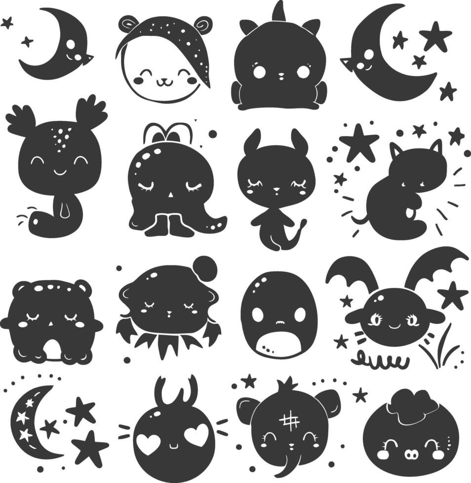 silhouette hand drawn cute baby kawaii doodle collection black color only vector
