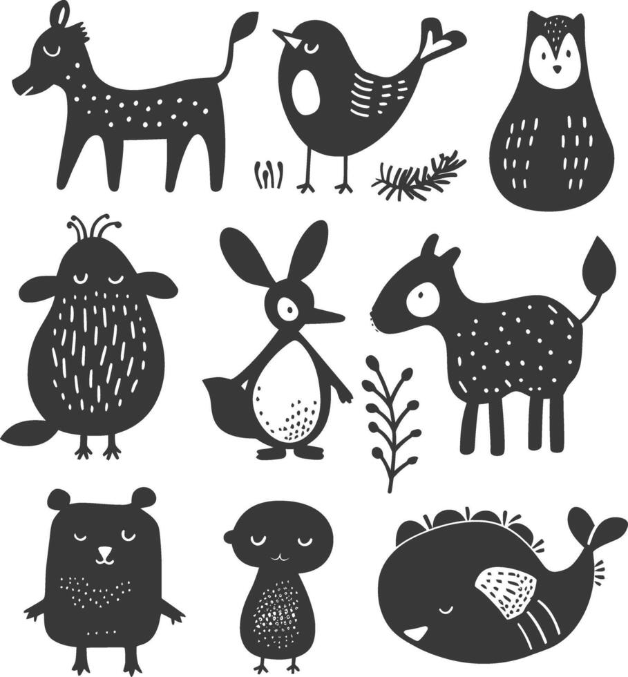 silhouette collection set hand drawn doodle cute animal black color only vector