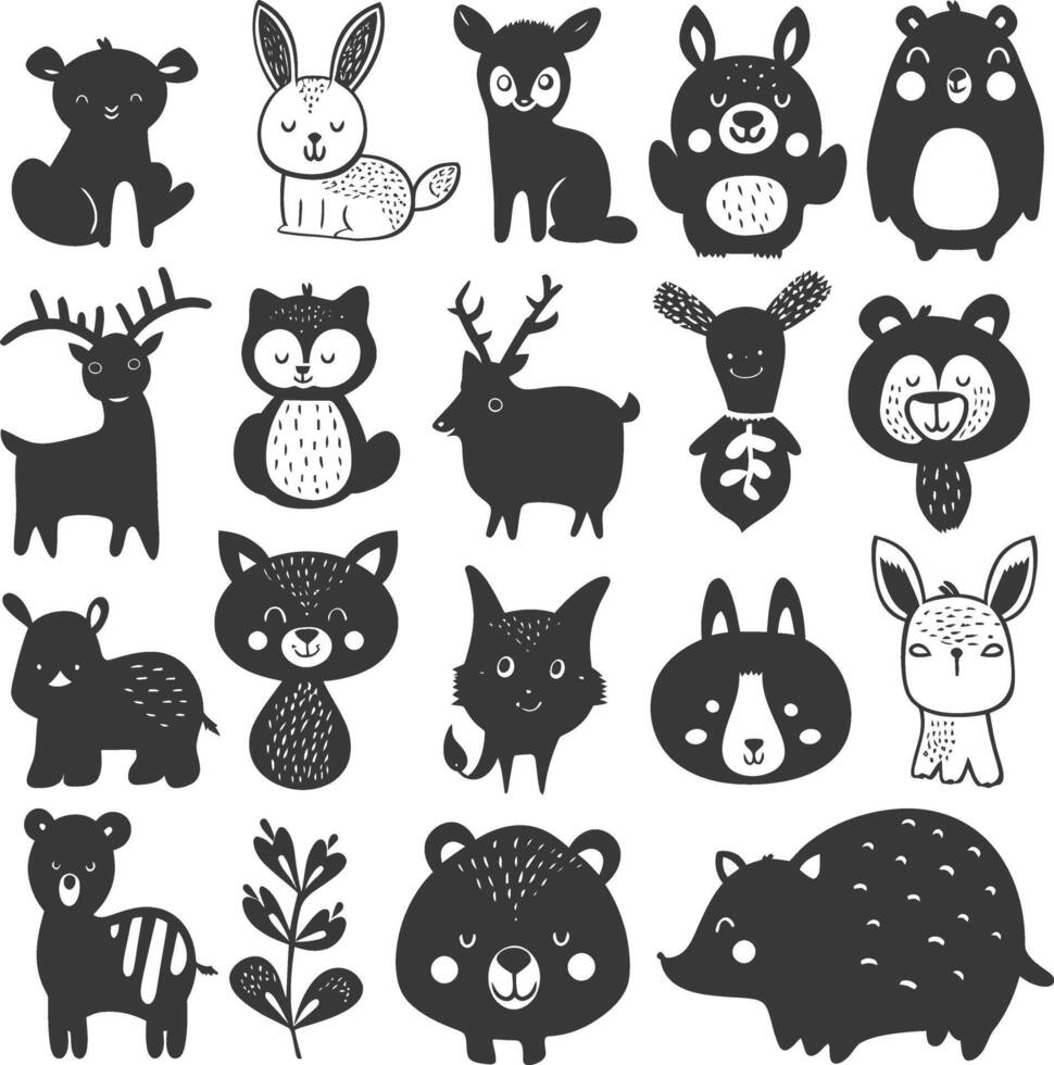 silhouette collection set hand drawn doodle cute animal black color only vector