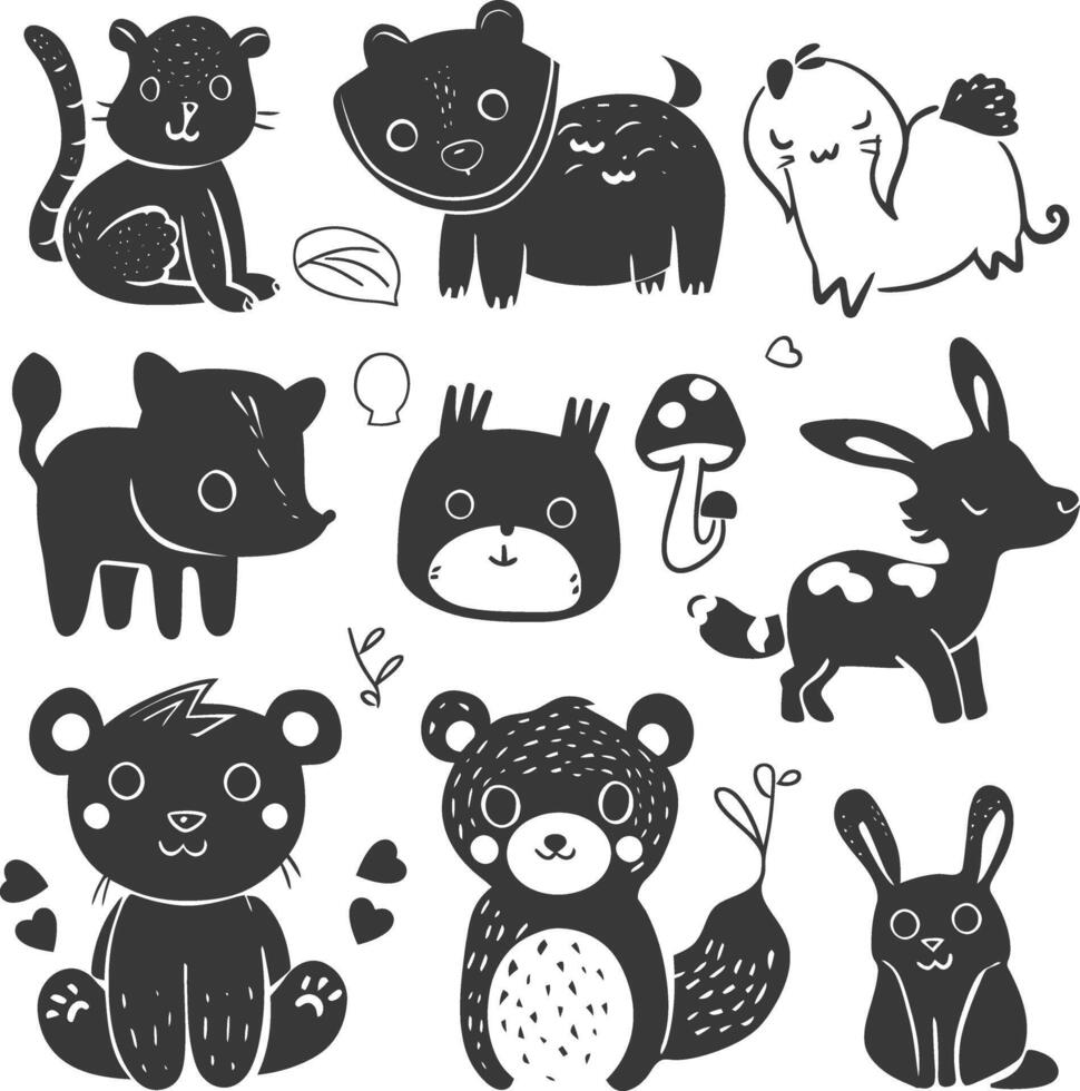 silhouette collection set hand drawn doodle cute animal black color only vector