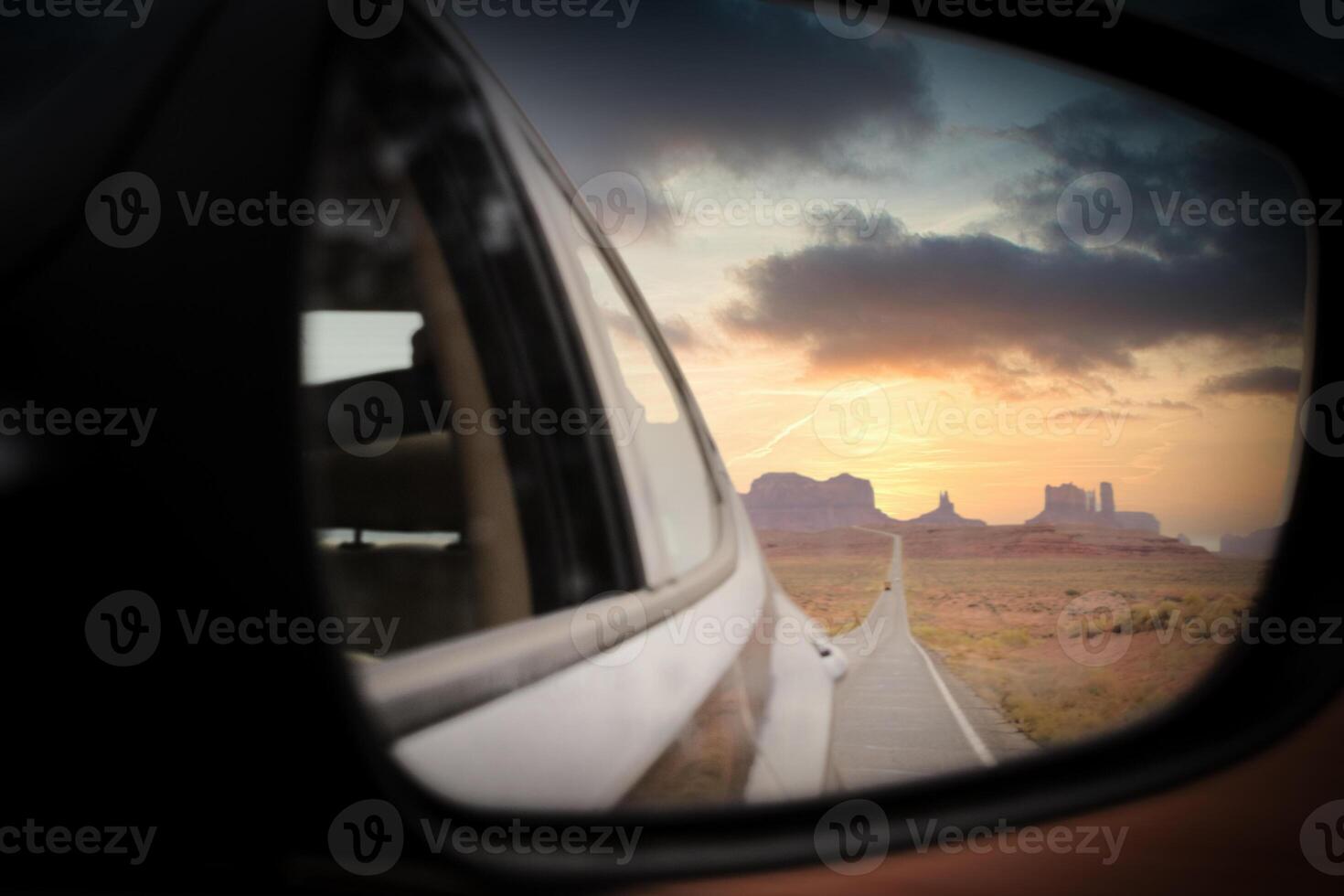 View on Monument Valley, Utah, from car mirror at Forrest Gump point. photo