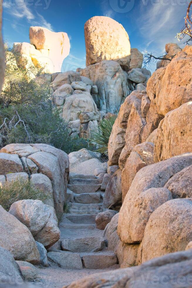 rocks and boulders with stairs carved in stone in Joshua Tree National Park California United States photo