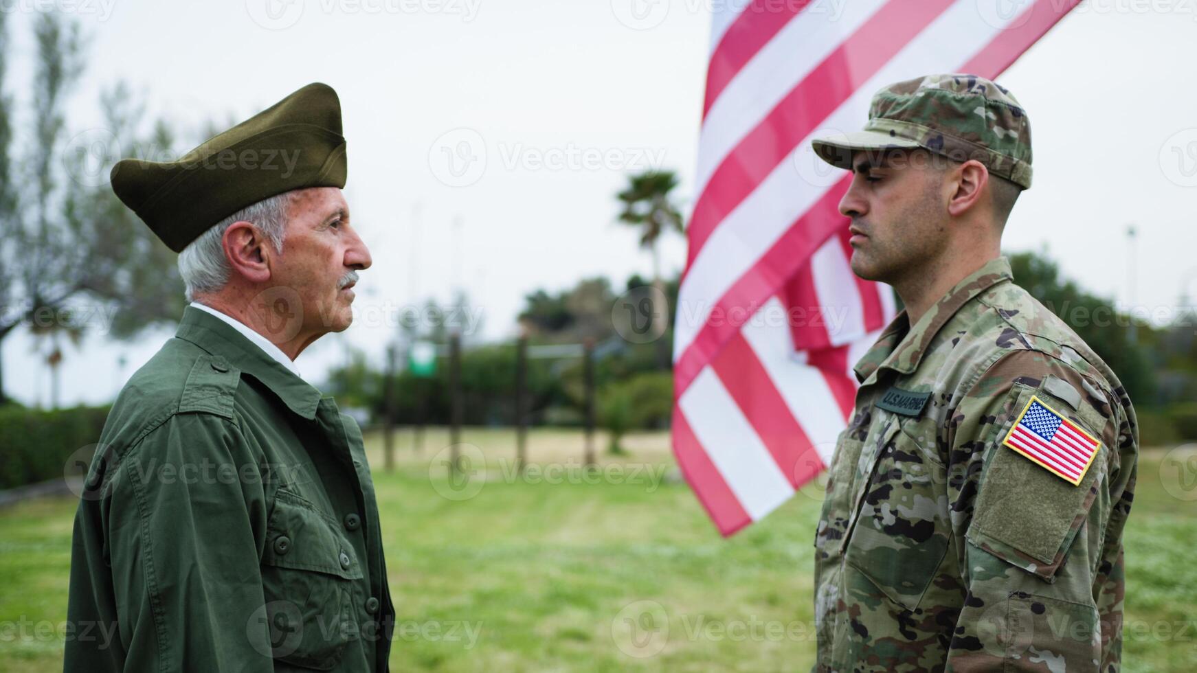 Veteran And Military Greeting Each Other In American Memorial Day Park photo