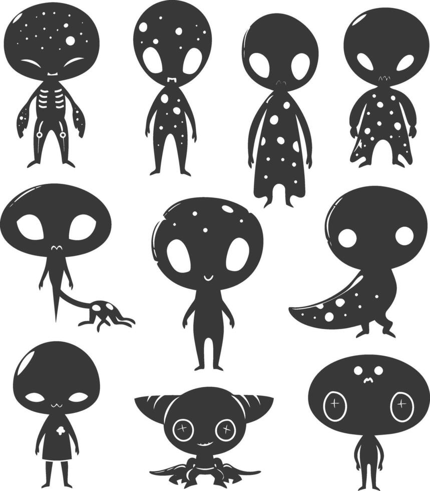silhouette hand drawn cute alien kawaii doodle collection black color only vector