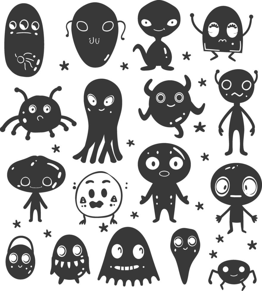 silhouette hand drawn cute alien kawaii doodle collection black color only vector