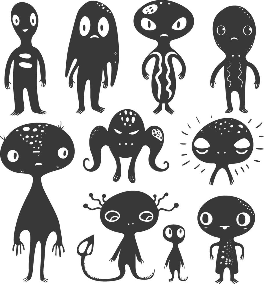 silhouette hand drawn cute alien kawaii doodle collection black color only vector