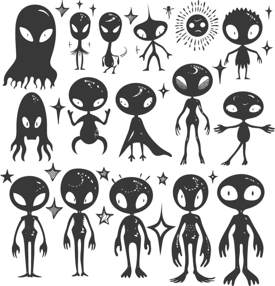 silhouette hand drawn cute alien kawaii doodle collection black color only vector