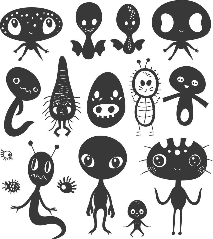 silhouette hand drawn cute alien kawaii doodle collection black color only vector
