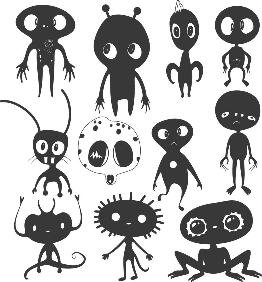 silhouette hand drawn cute alien kawaii doodle collection black color only vector