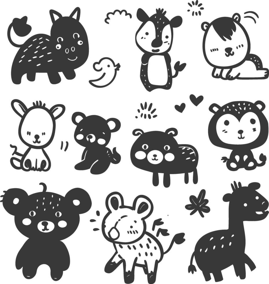 silhouette hand drawn cute animal kawaii doodle collection black color only vector