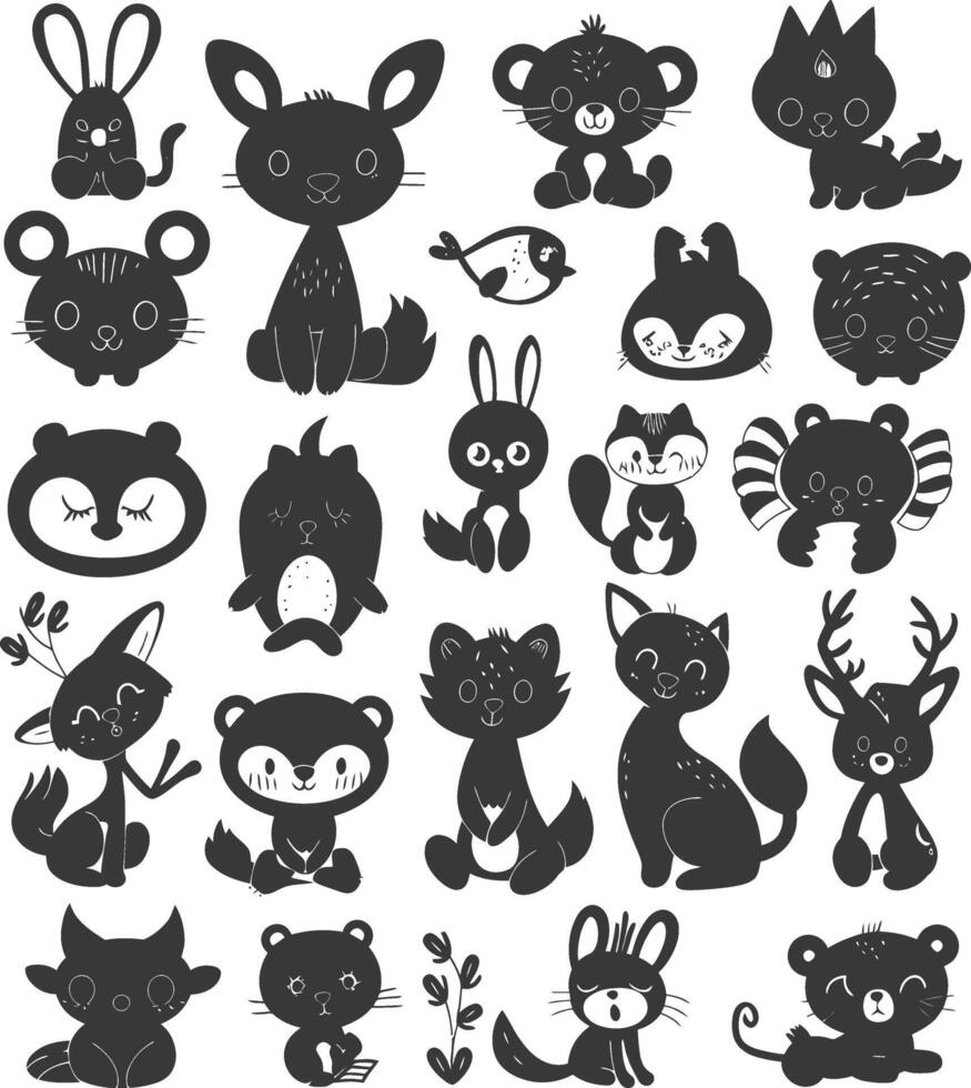 silhouette hand drawn cute animal kawaii doodle collection black color only vector