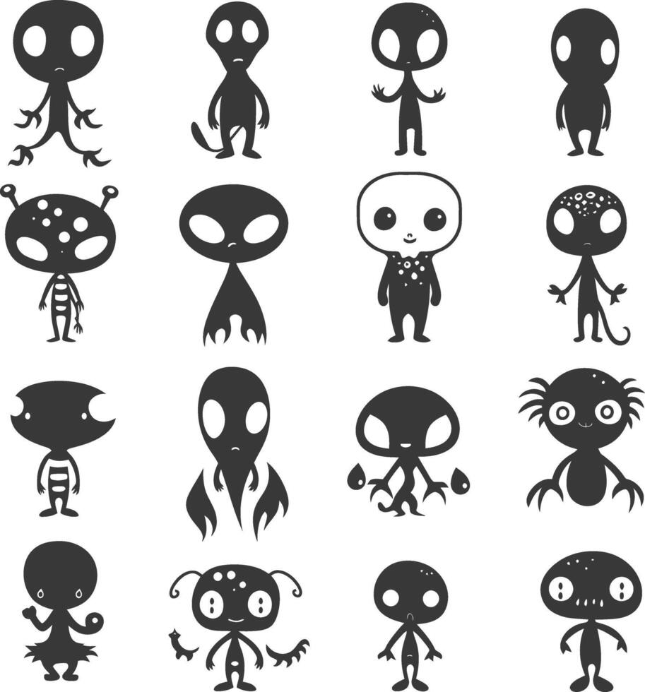 silhouette hand drawn cute alien kawaii doodle collection black color only vector