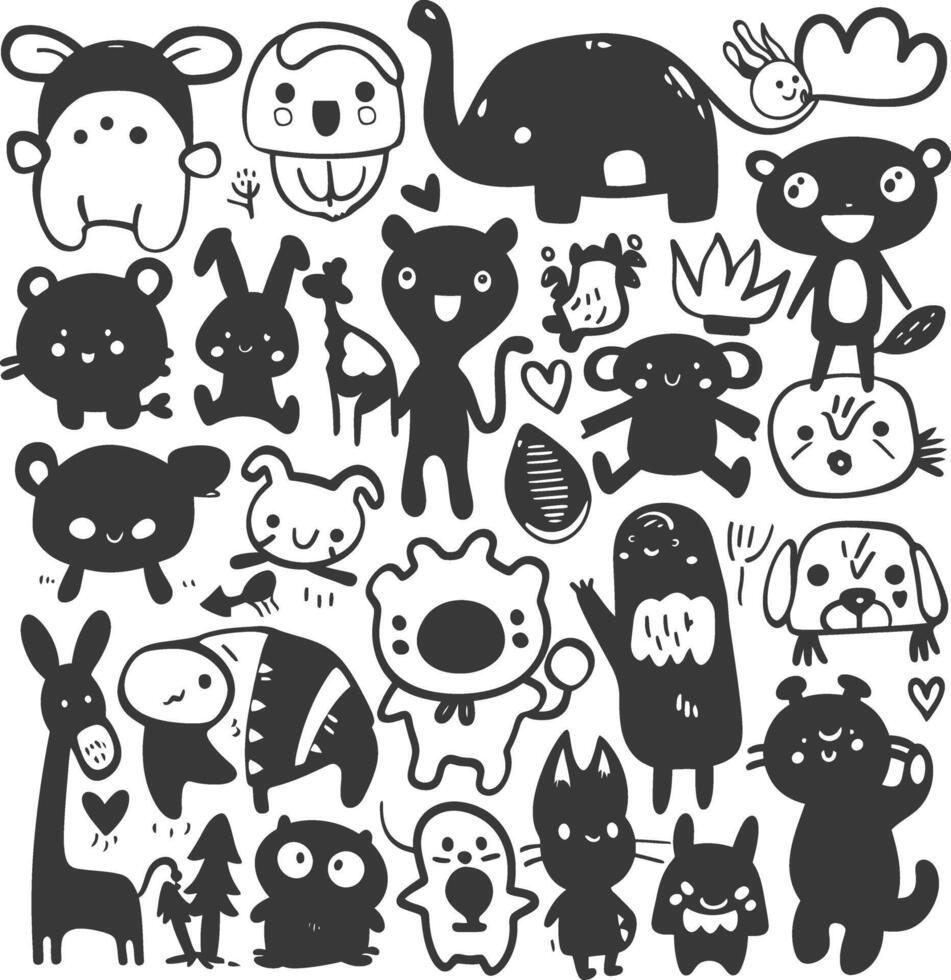 silhouette hand drawn cute animal kawaii doodle collection black color only vector