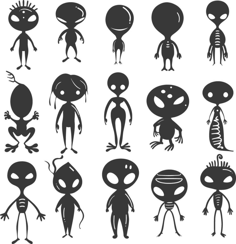 silhouette hand drawn cute alien kawaii doodle collection black color only vector