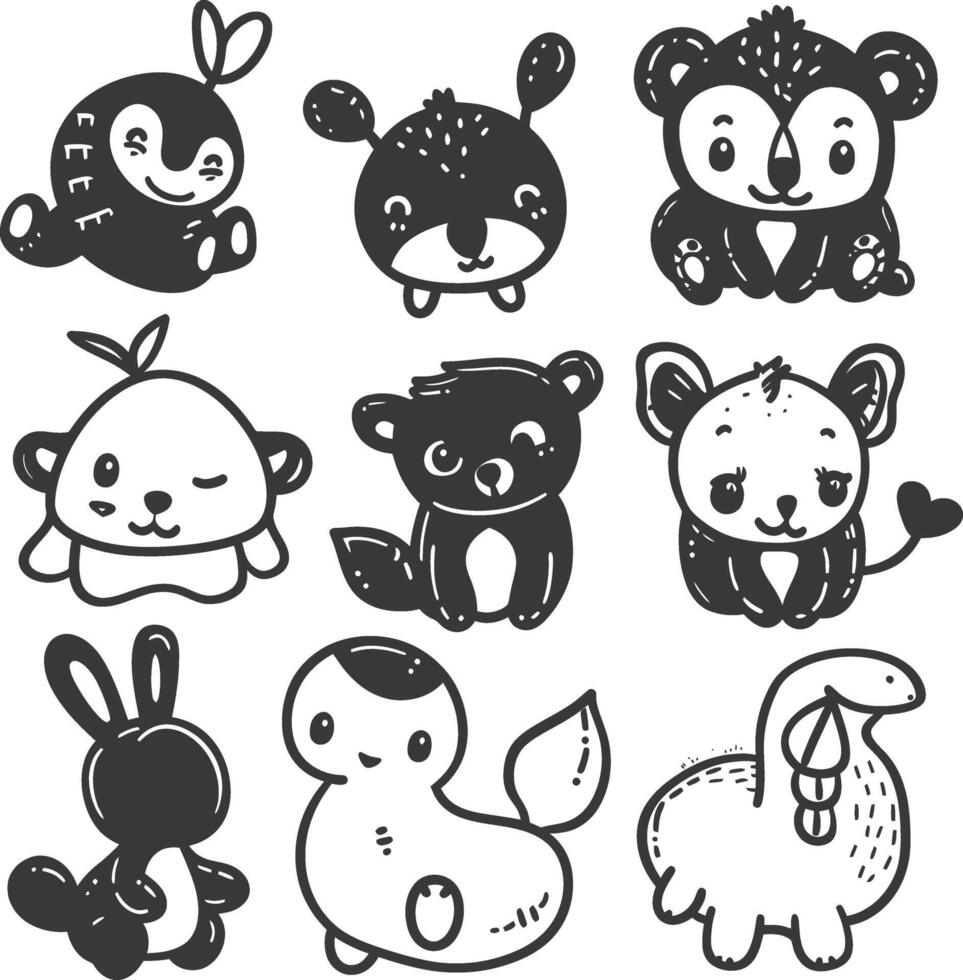 silhouette hand drawn cute animal kawaii doodle collection black color only vector