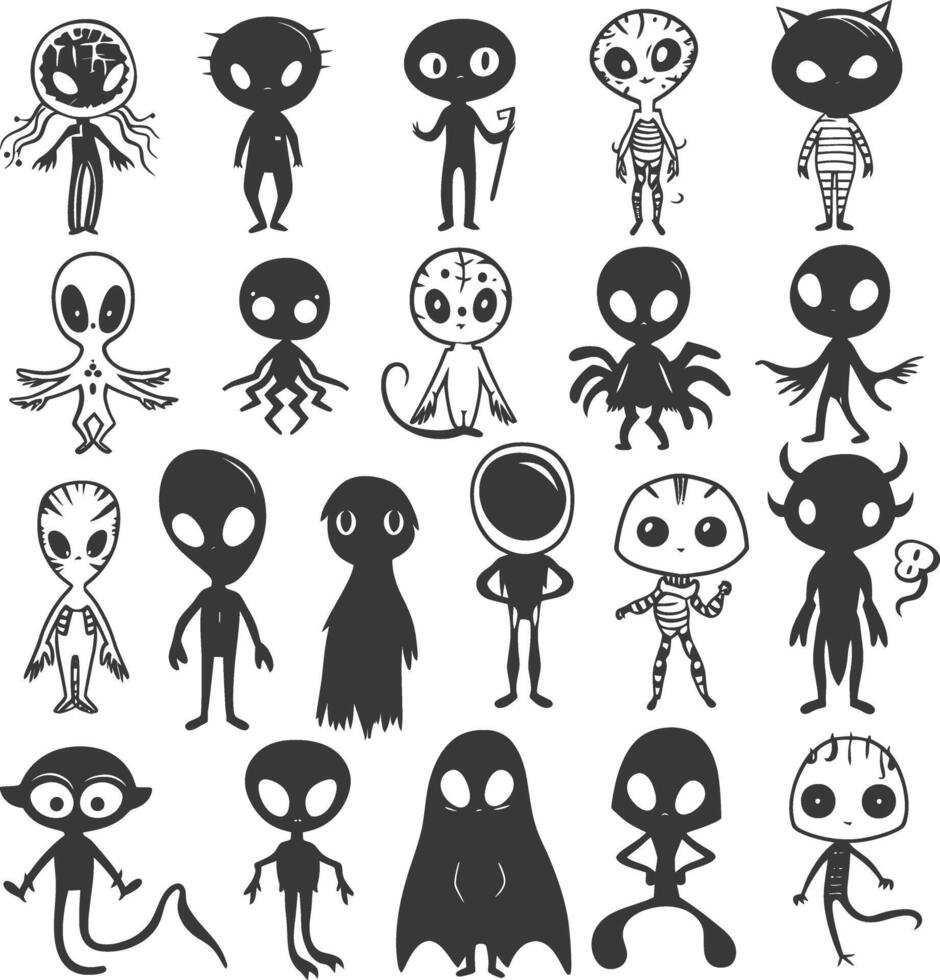 silhouette hand drawn cute alien kawaii doodle collection black color only vector