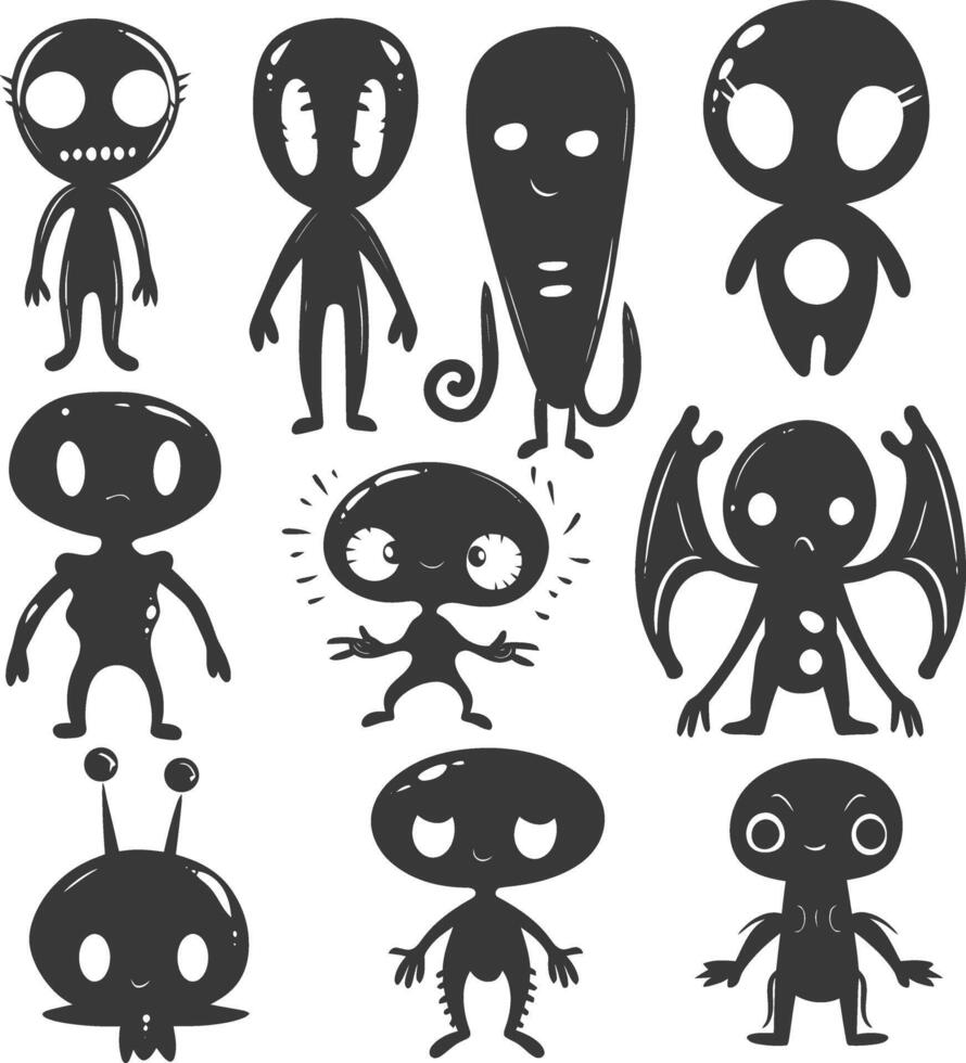silhouette hand drawn cute alien kawaii doodle collection black color only vector