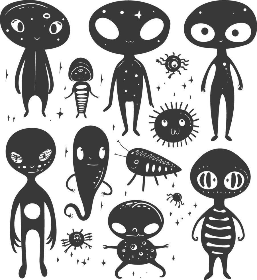 silhouette hand drawn cute alien kawaii doodle collection black color only vector