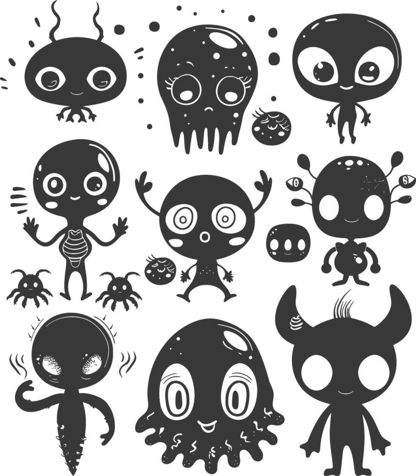 silhouette hand drawn cute alien kawaii doodle collection black color only vector