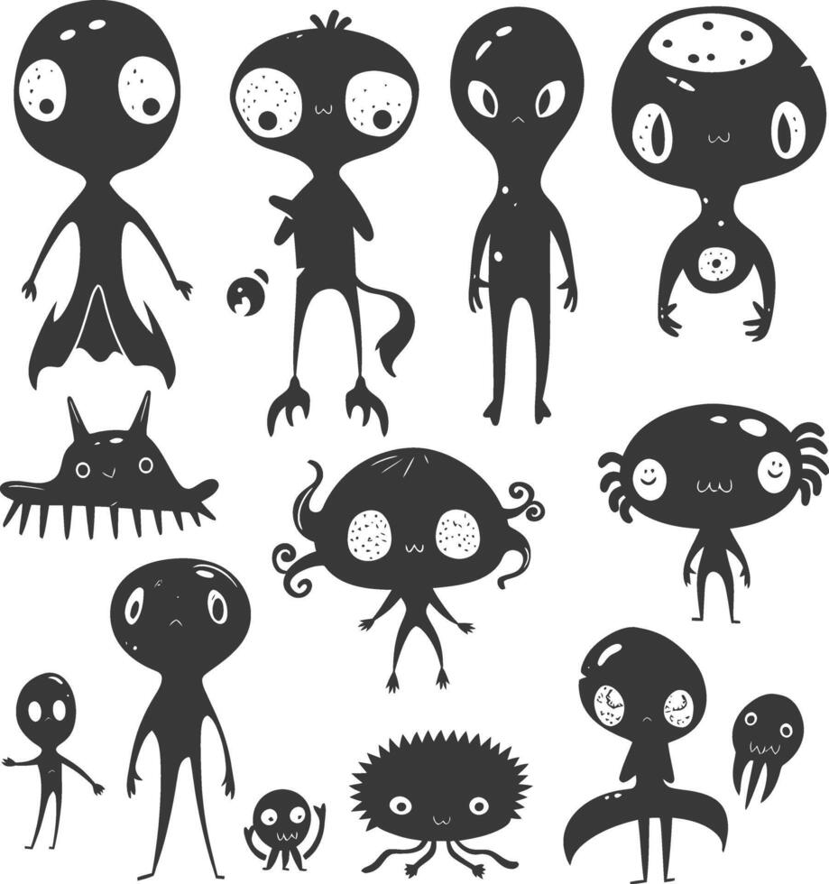 silhouette hand drawn cute alien kawaii doodle collection black color only vector
