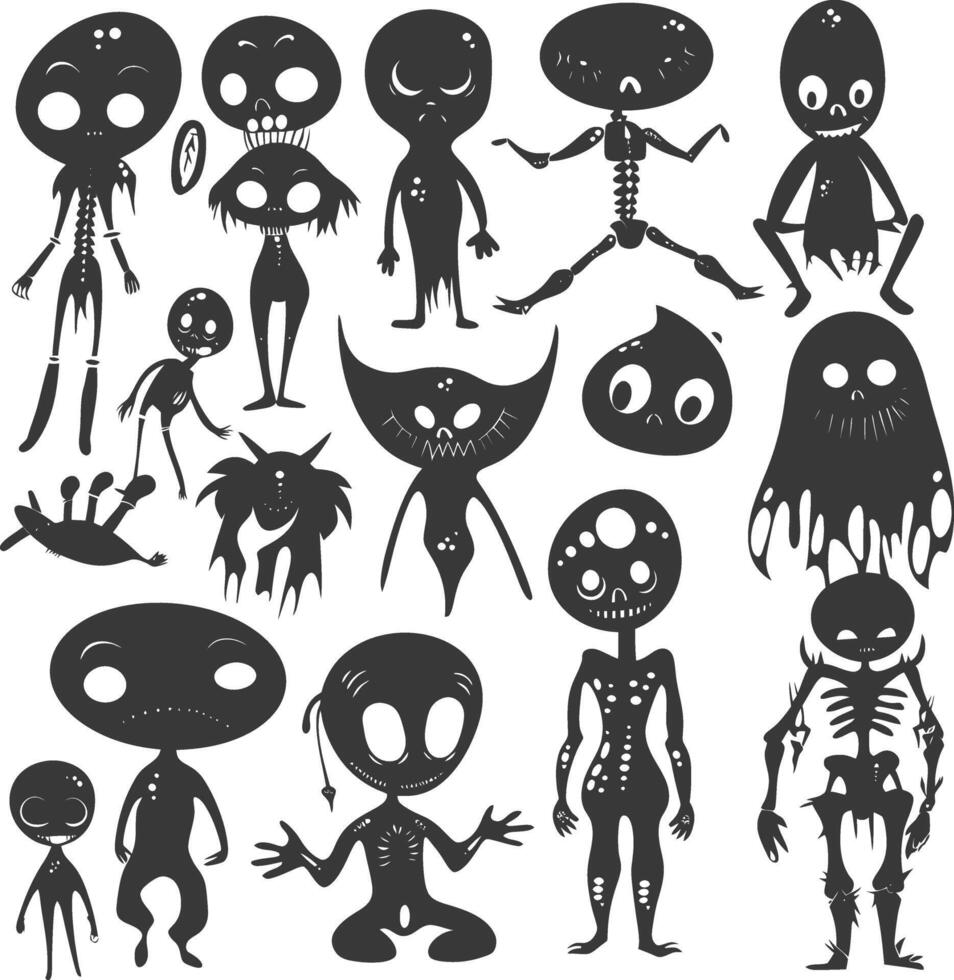 silhouette hand drawn cute alien kawaii doodle collection black color only vector