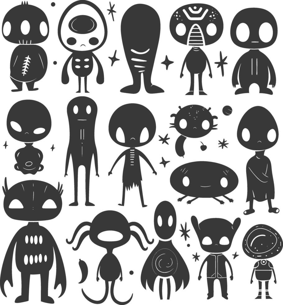 silhouette hand drawn cute alien kawaii doodle collection black color only vector