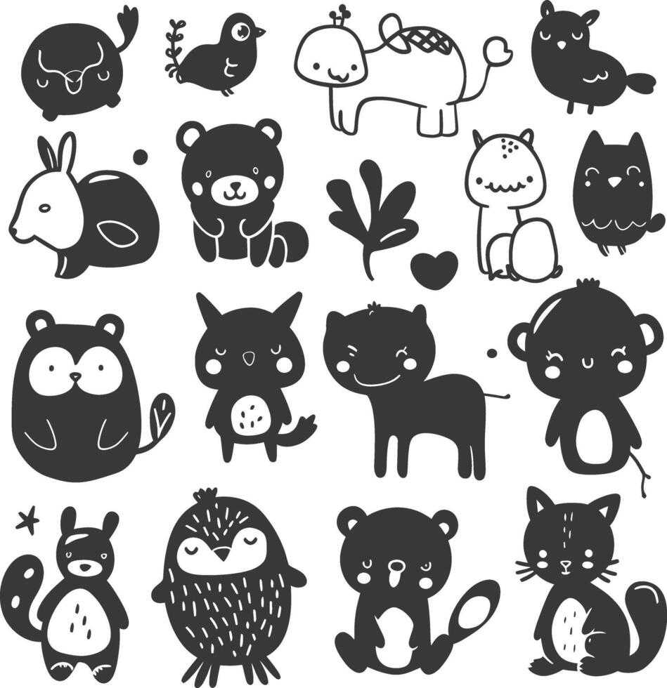 silhouette hand drawn cute animal kawaii doodle collection black color only vector