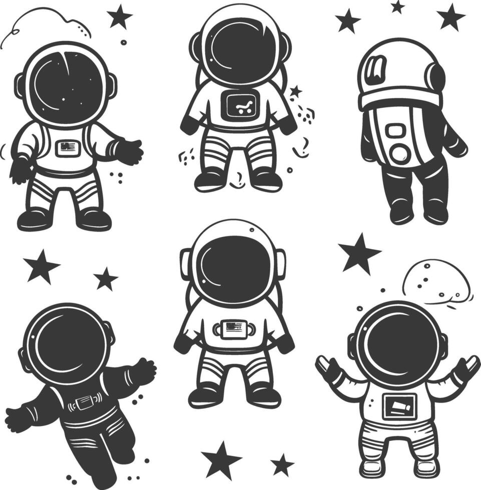 silhouette hand drawn cute astronaut kawaii doodle collection black color only vector