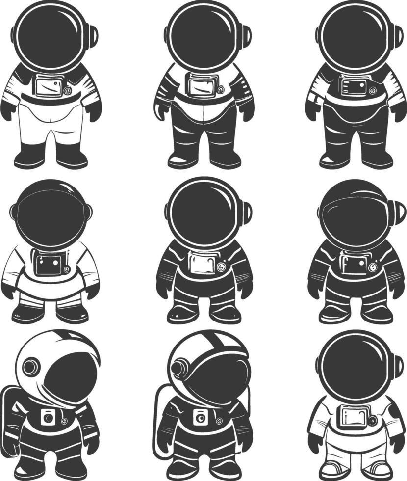 silhouette hand drawn cute astronaut kawaii doodle collection black color only vector