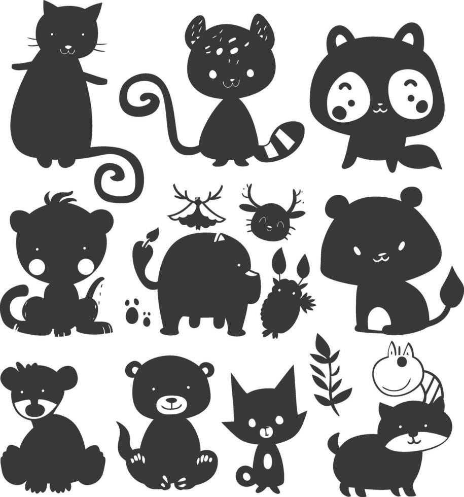silhouette hand drawn cute animal kawaii doodle collection black color only vector