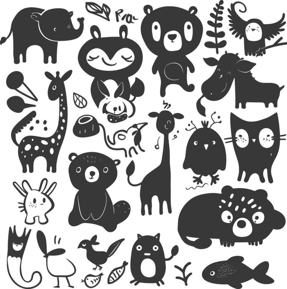 silhouette hand drawn cute animal kawaii doodle collection black color only vector
