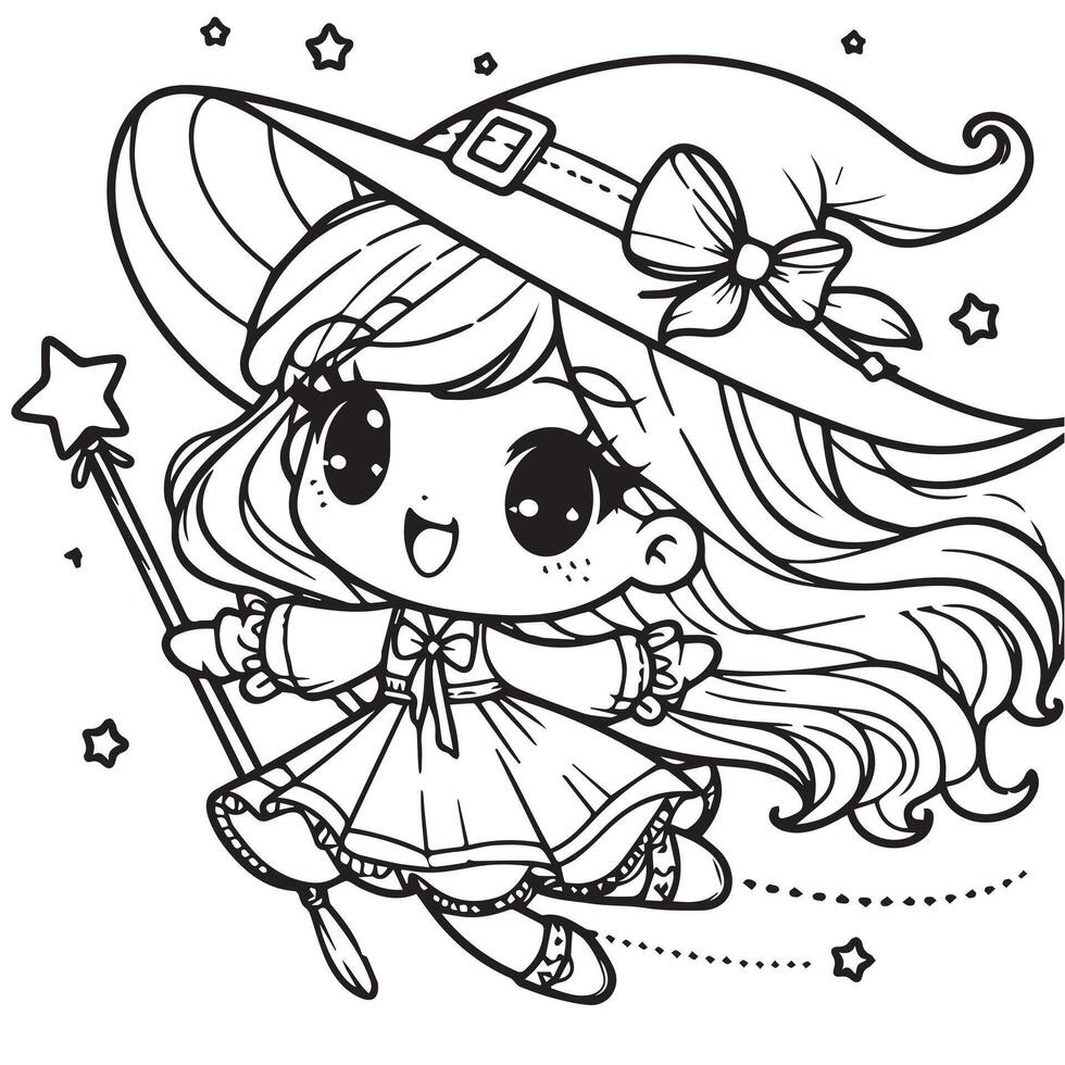 Halloween cute flying witch illustration line art vector