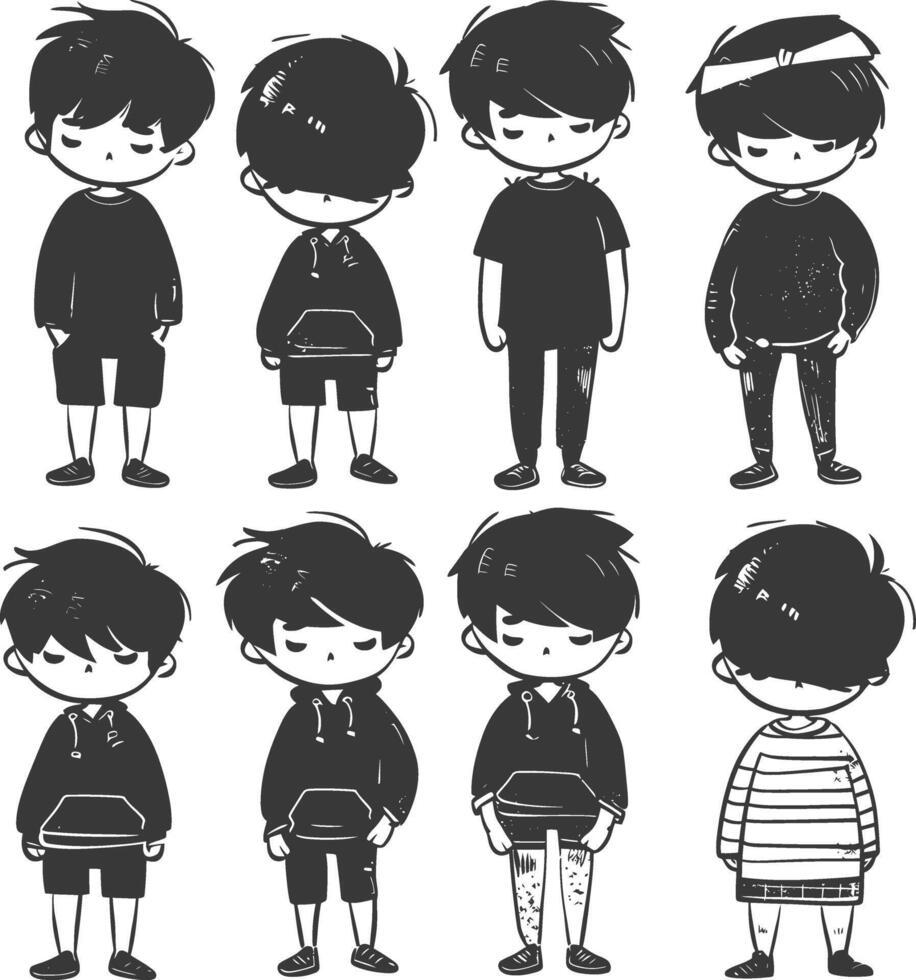 silueta mano dibujado linda chico kawaii garabatear colección negro color solamente vector
