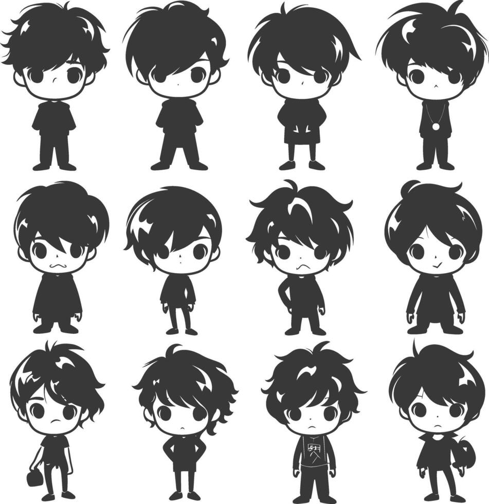silhouette hand drawn cute boy kawaii doodle collection black color only vector